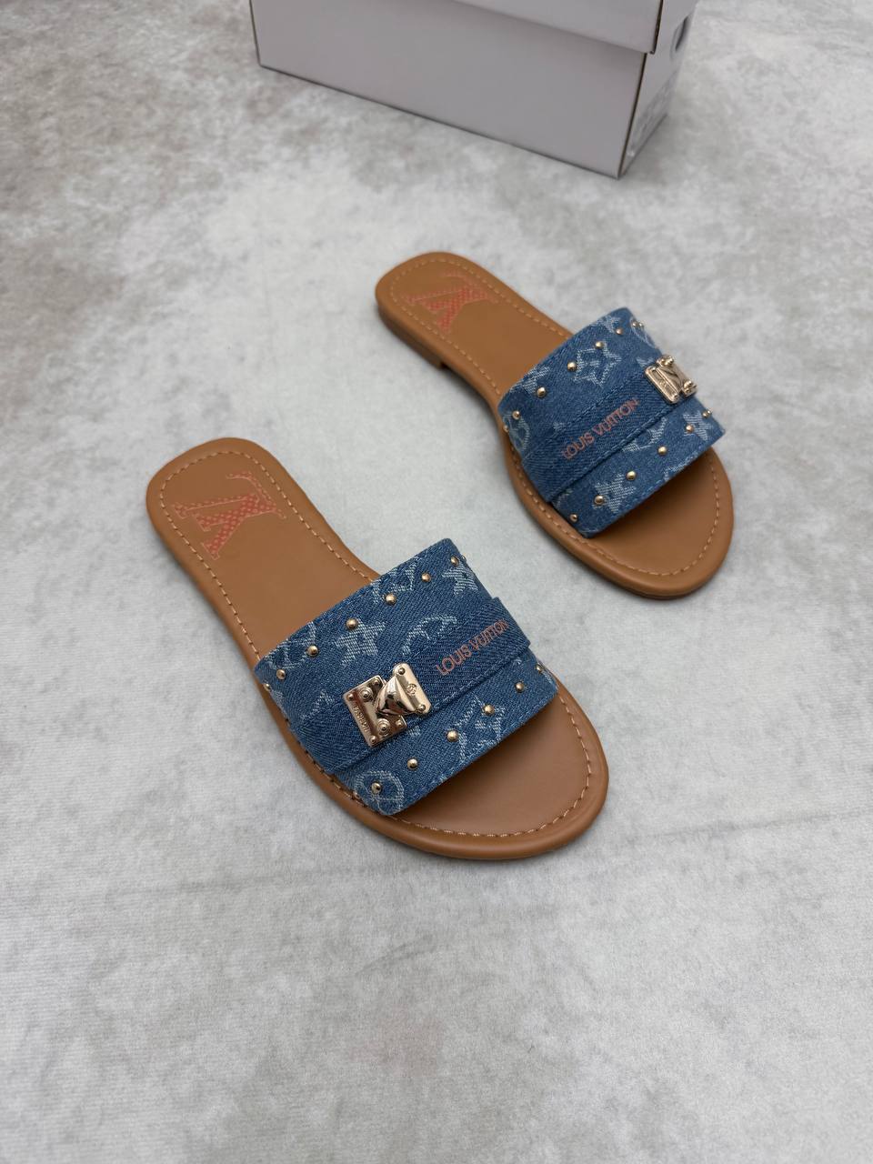 Louis Vuitton Monogram Denim Flat Casual Women's Sliders in "Blue" Reps Sale UK Best Quality AAA Replica