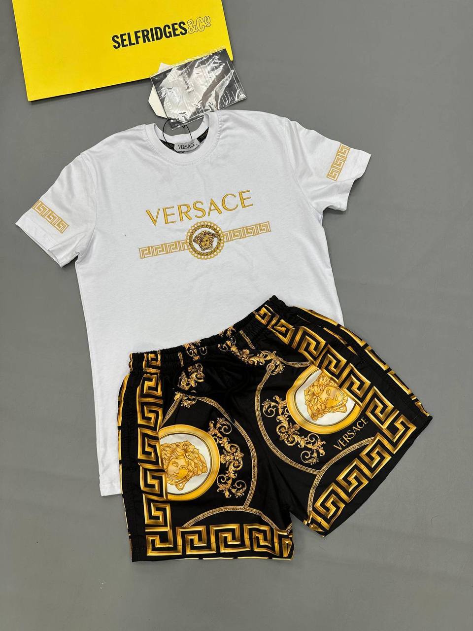 Versace White Greca Medusa Crest T-Shirt & Shorts Set White/Black Men's Reps Sale UK Best Quality AAA Replica