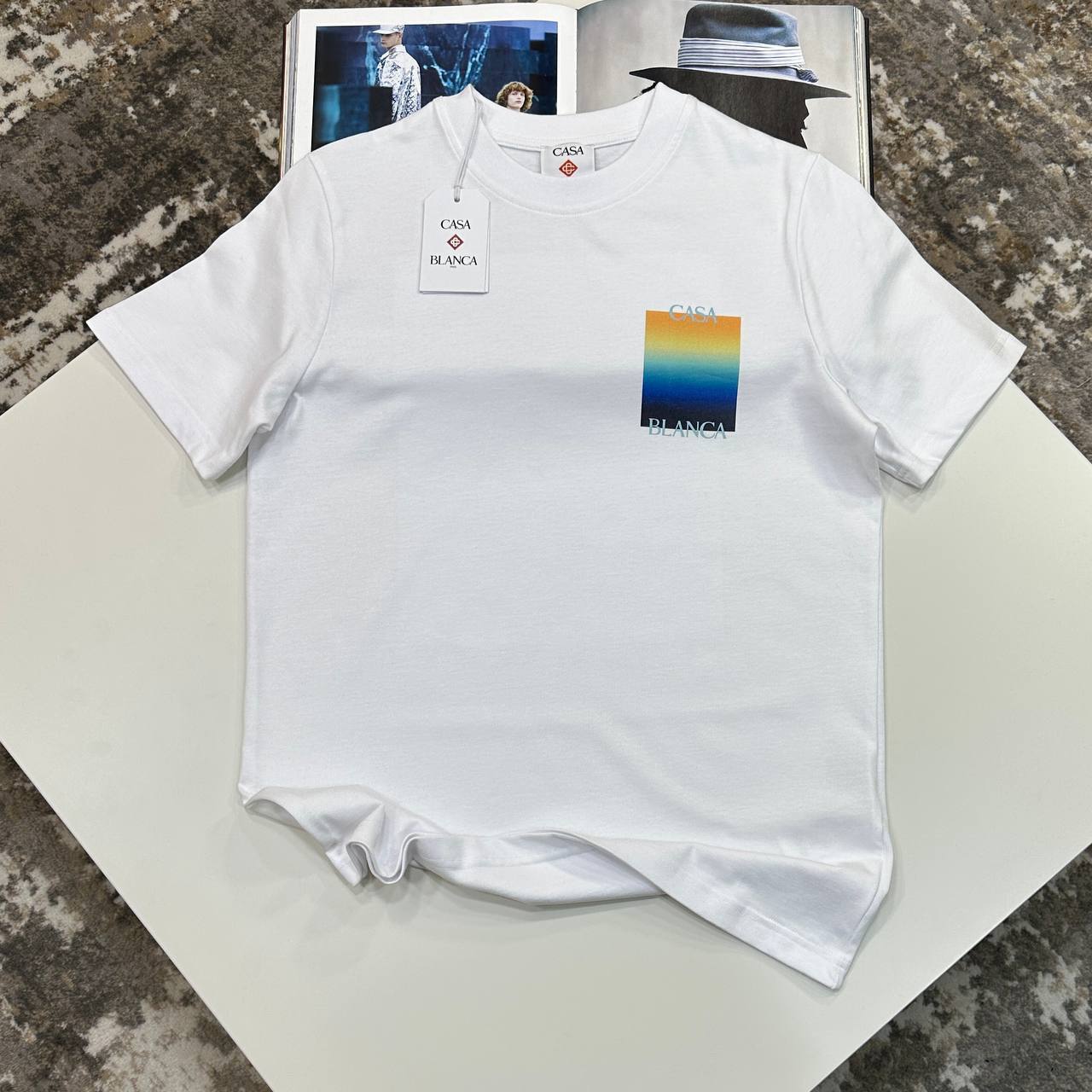 Casablanca Gradient Square Short Sleeve Crewneck Men's Women's T-Shirts in White Color Reps Sale UK Best Quality AAA Replica