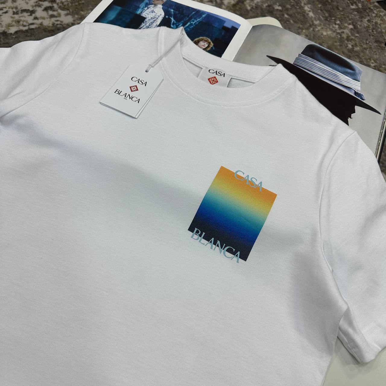 Casablanca Gradient Square Short Sleeve Crewneck Men's Women's T-Shirts in White Color Reps Sale UK Best Quality AAA Replica