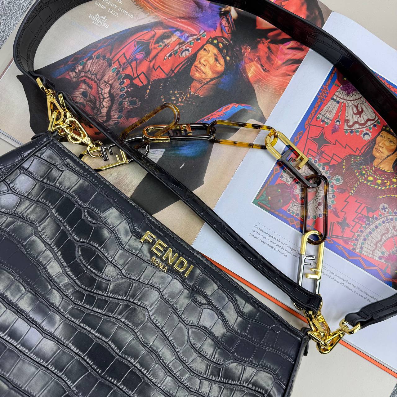 Fendi Crocodile Embossed Leather O'Lock Zip Shoulder Women's Bag Reps Sale UK Best Quality AAA Replica