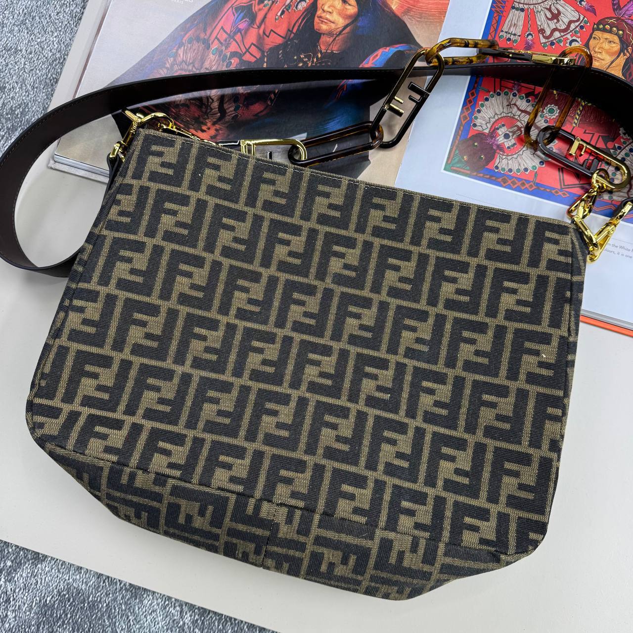 Fendi  Brown FF Zucca Canvas O'Lock Zip Shoulder Women's Bag Reps Sale UK Best Quality AAA Replica