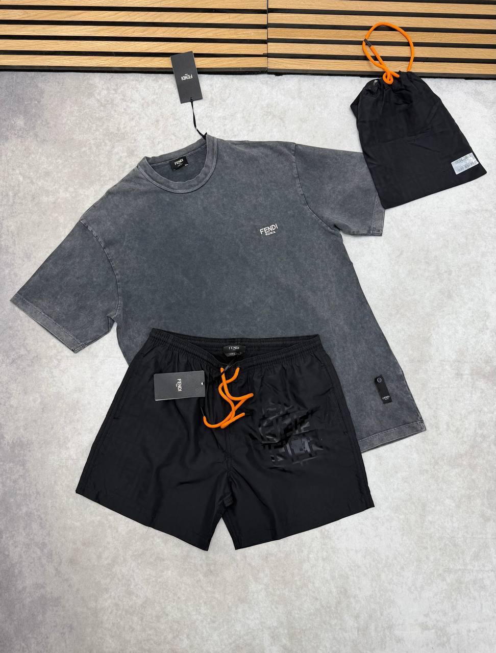 Fendi Small Embroidered Fendi Roma Logo T-Shirts & Shorts Set in Multiple Colors Men's Reps UK Best Quality AAA Replica