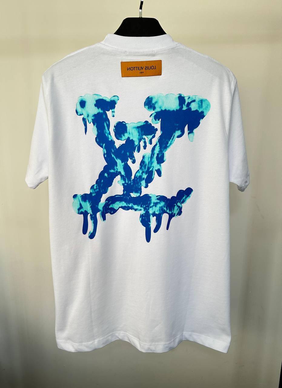 Louis Vuitton Blue Graphic Dripping LV Logo T-Shirt Men's Women's in 2 Colors Reps UK Best Quality Sale AAA Replica