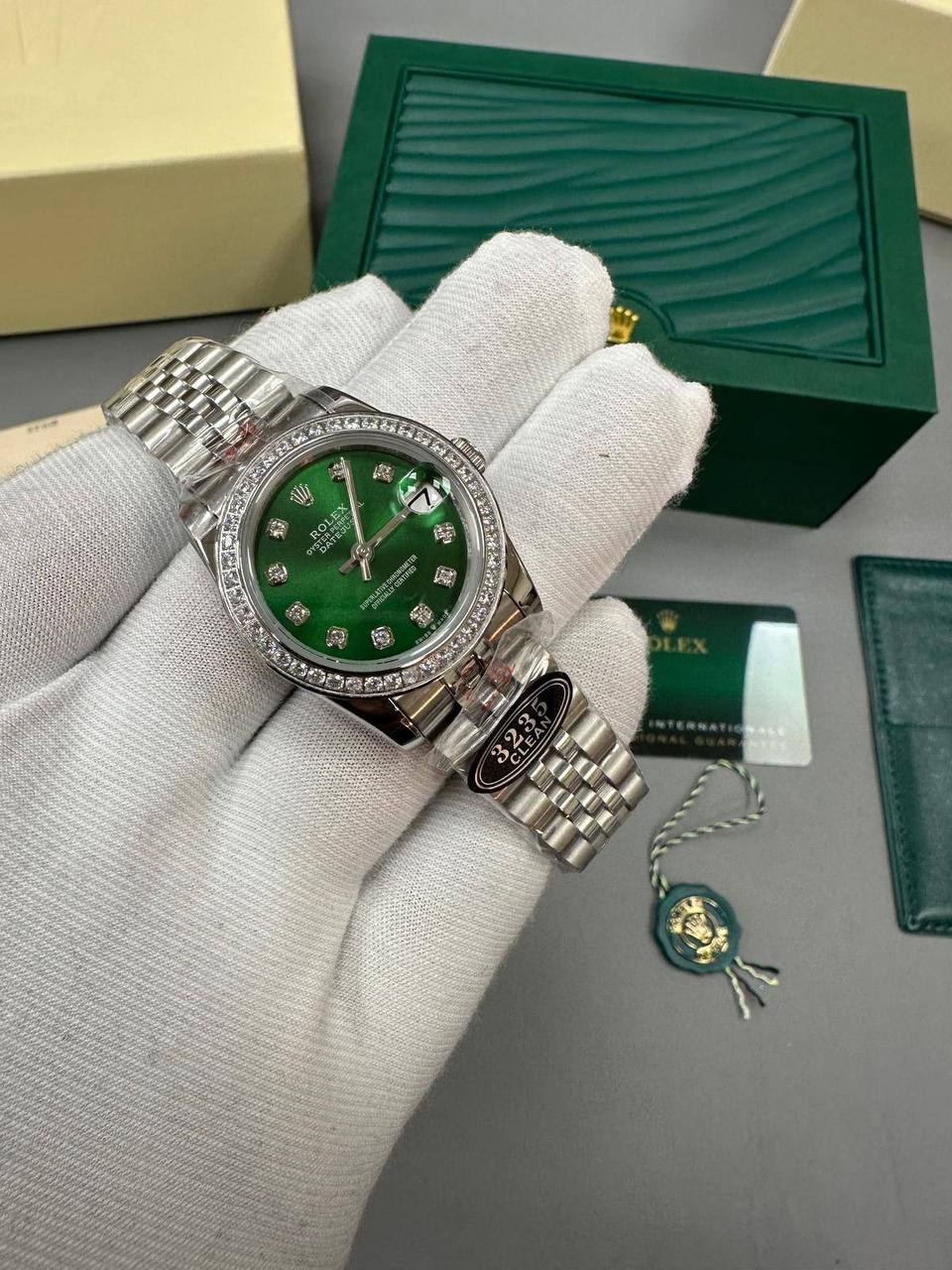 Rolex Lady-Datejust Green Dial Diamond Bezel Silver Jubilee Bracelet Women's Watch Reps Sale UK Best Quality AAA Replica