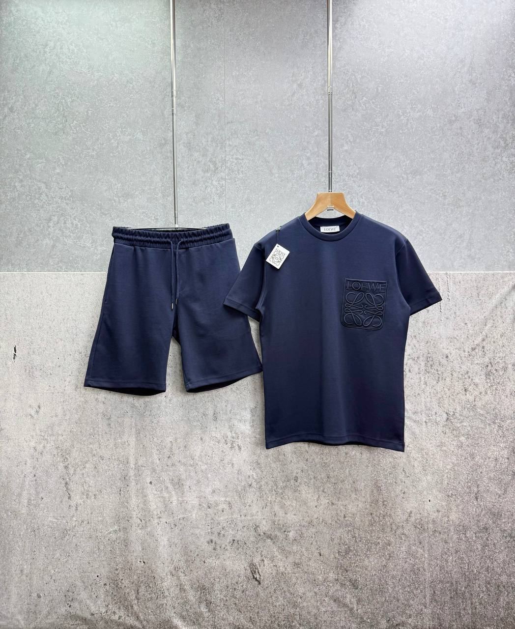 Loewe Relaxed Fit Anagram Embroidery Pocket Short Sleeve T-Shirts & Shorts Set in Navy Blue Color Men's Reps Sale UK Best Quality AAA Replica