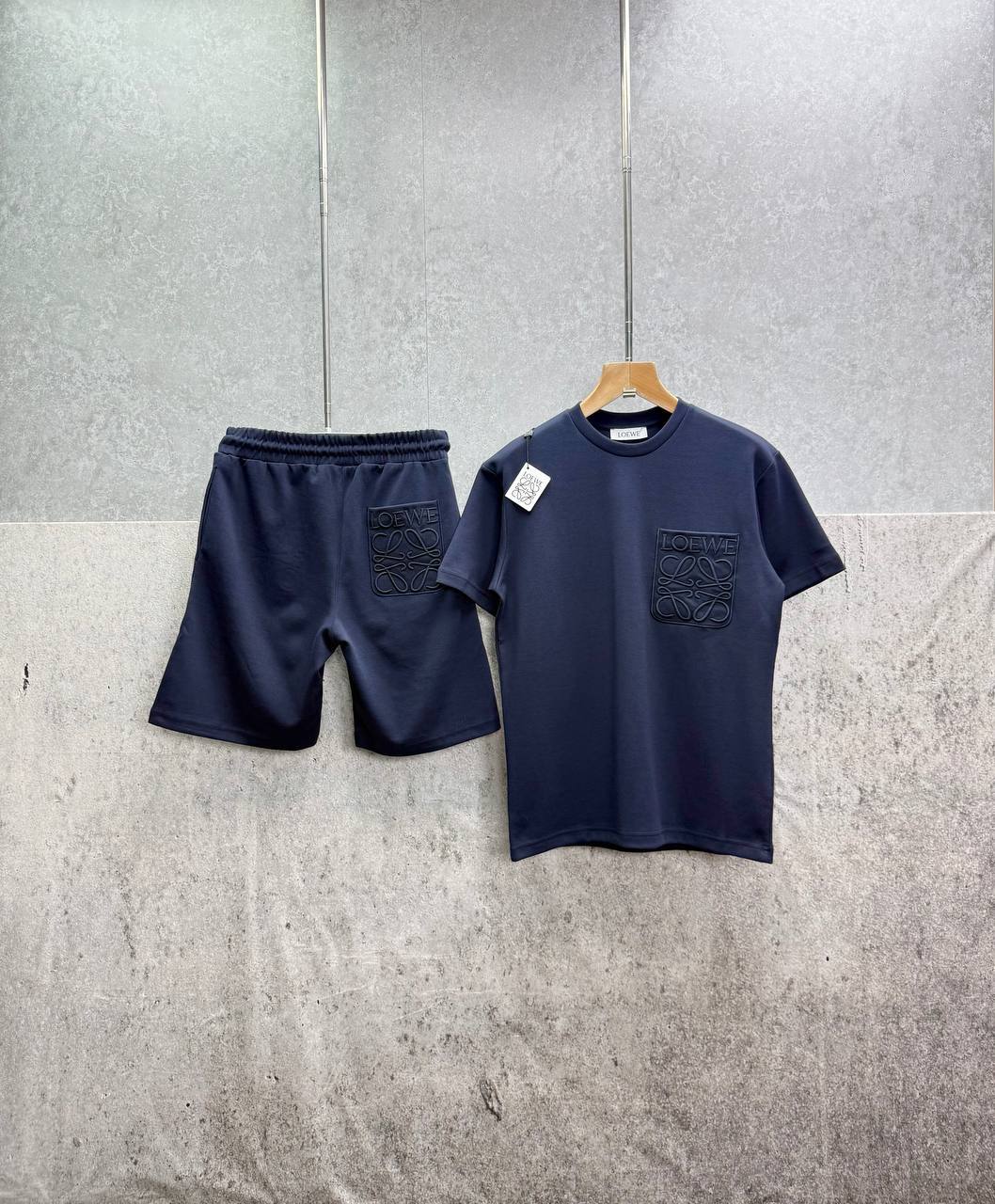 Loewe Relaxed Fit Anagram Embroidery Pocket Short Sleeve T-Shirts & Shorts Set in Navy Blue Color Men's Reps Sale UK Best Quality AAA Replica