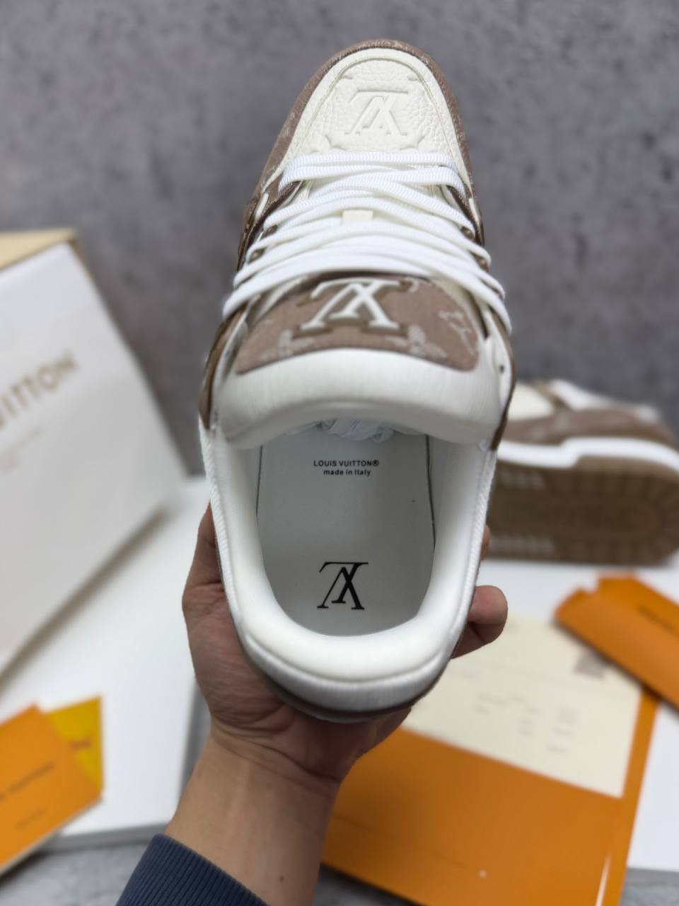 Louis Vuitton LV Monogram Canvas Strap Sneakers in Beige Men's Reps Sale UK Best Quality AAA Replica