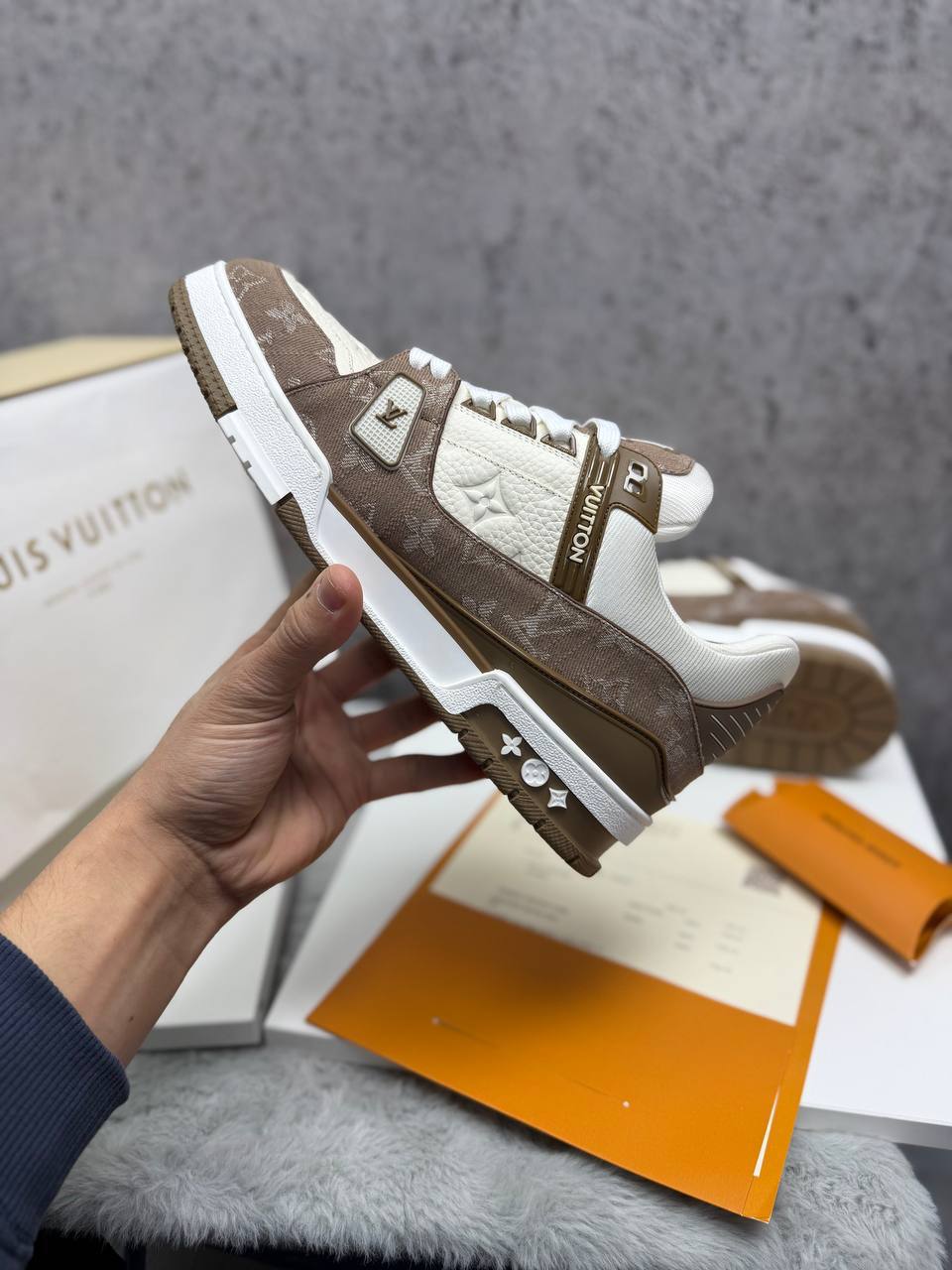 Louis Vuitton LV Monogram Canvas Strap Sneakers in Beige Men's Reps Sale UK Best Quality AAA Replica