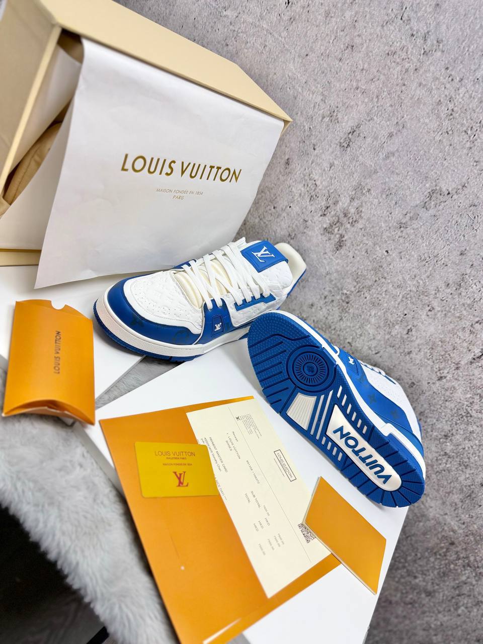 Louis Vuitton LV Monogram Canvas Strap Sneakers in White/Blue Men's Reps Sale UK Best Quality AAA Replica