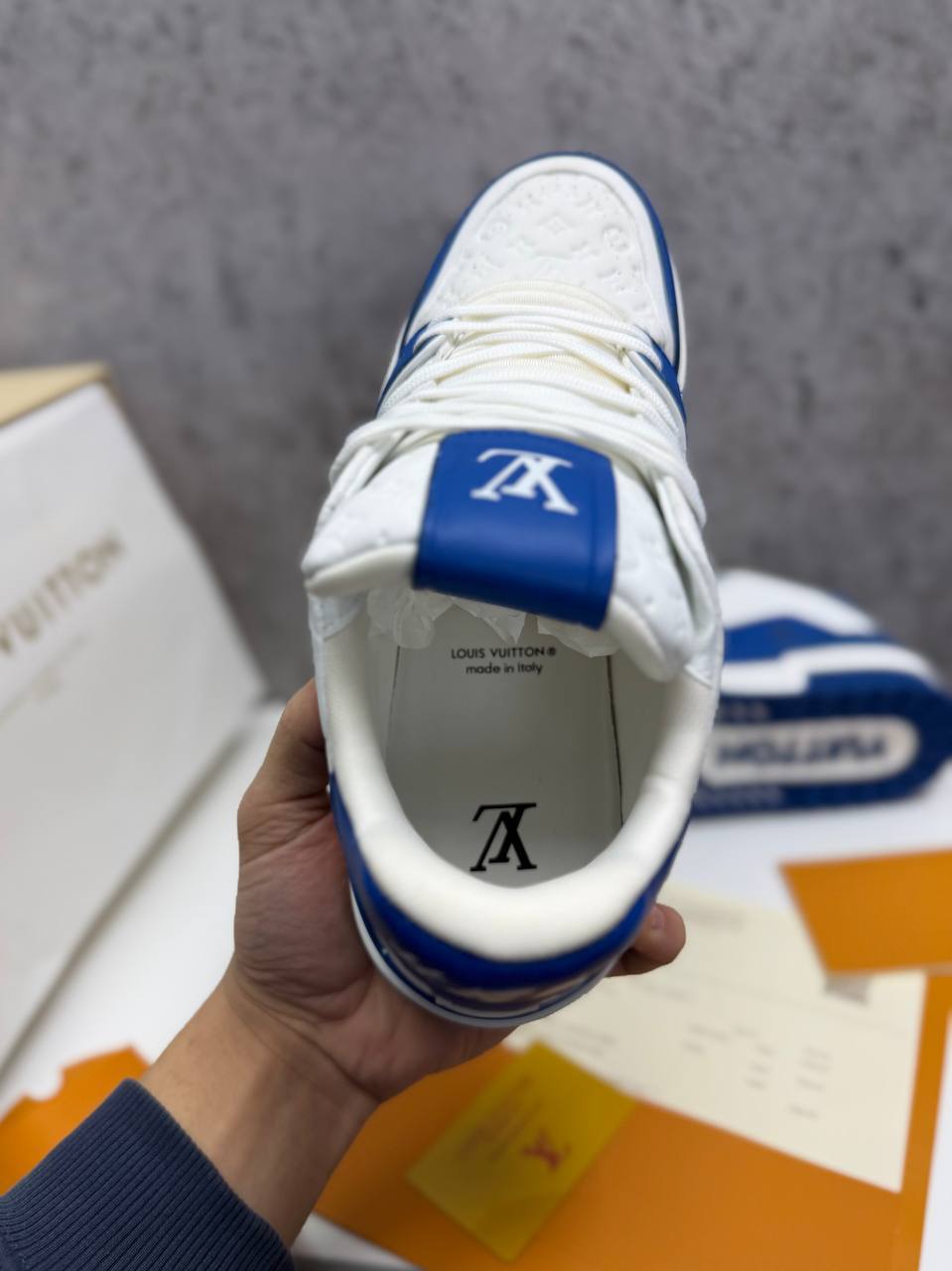Louis Vuitton LV Monogram Canvas Strap Sneakers in White/Blue Men's Reps Sale UK Best Quality AAA Replica