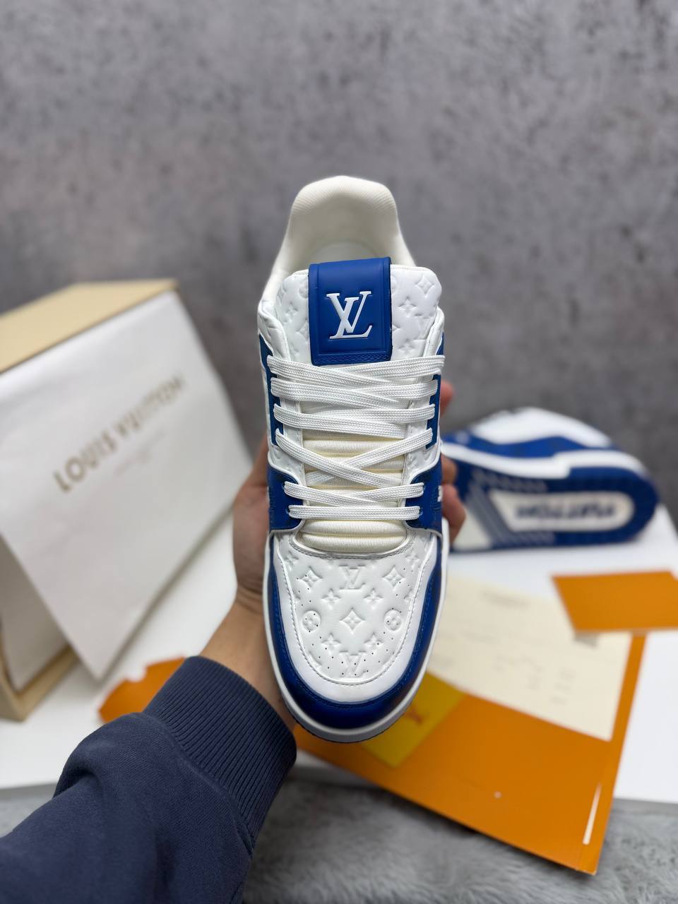 Louis Vuitton LV Monogram Canvas Strap Sneakers in White/Blue Men's Reps Sale UK Best Quality AAA Replica