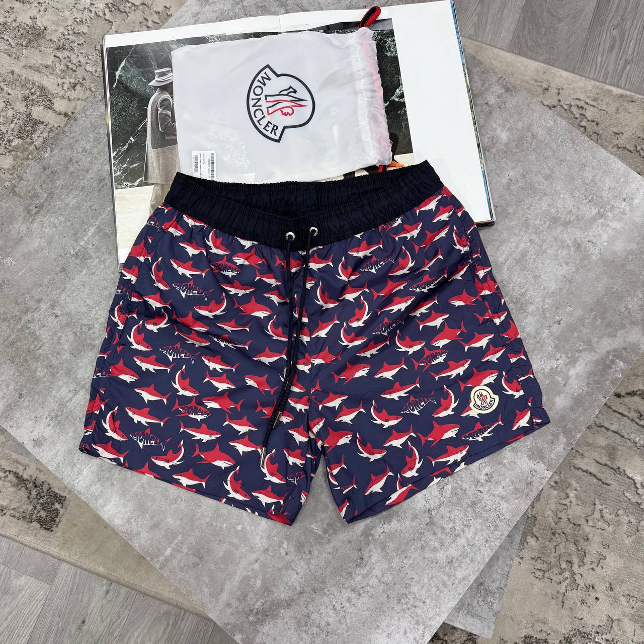 Moncler Shark-Print Drawstring Swim Shorts Men's Reps Sale UK Best Quality AAA Replica