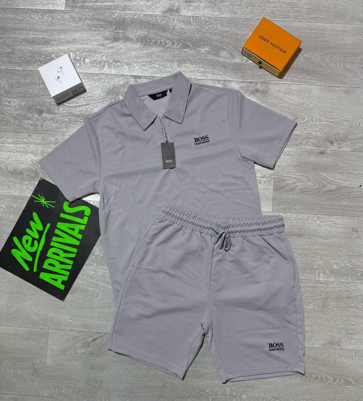 Hugo Boss Quarter-Zip Polo Shirts & Shorts Set in Grey Color Men's Reps Sale UK Best Quality AAA Replica