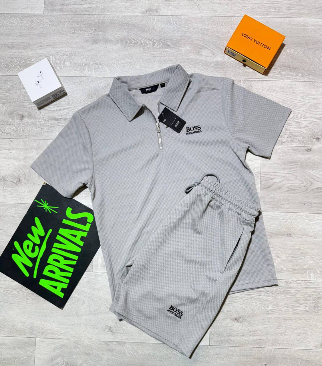 Hugo Boss Quarter-Zip Polo Shirts & Shorts Set in Light Grey Color Men's Reps Sale UK Best Quality AAA Replica