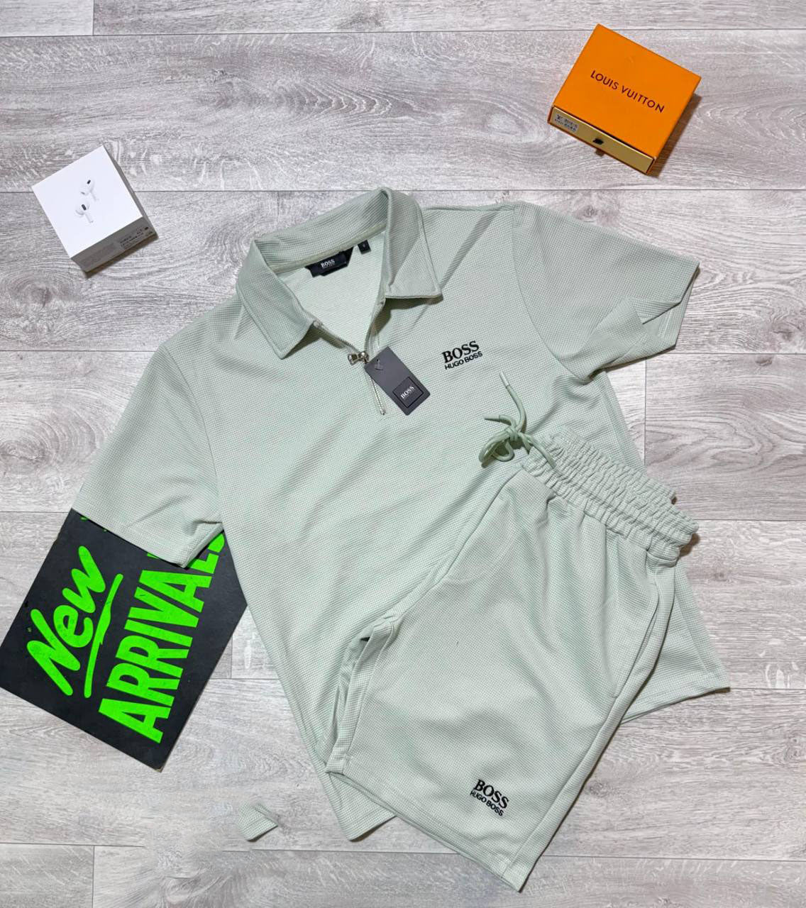 Hugo Boss Quarter-Zip Polo Shirts & Shorts Set in Mint Green Color Men's Reps Sale UK Best Quality AAA Replica