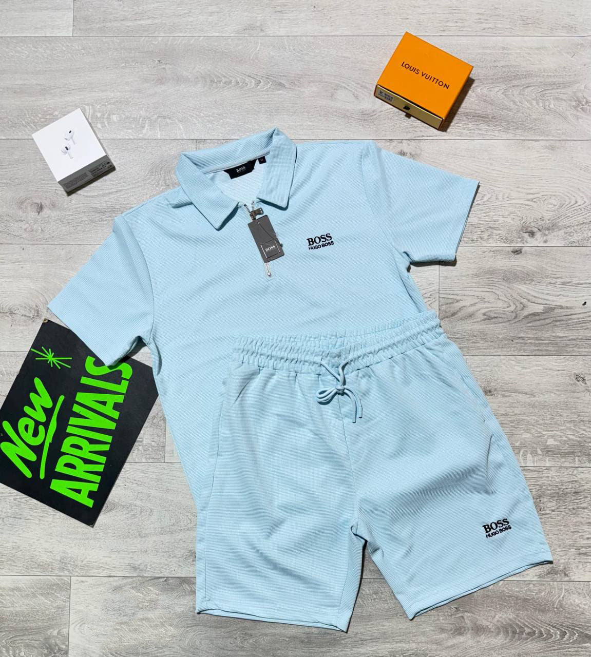 Hugo Boss Quarter-Zip Polo Shirts & Shorts Set in Light Blue Color Men's Reps Sale UK Best Quality AAA Replica