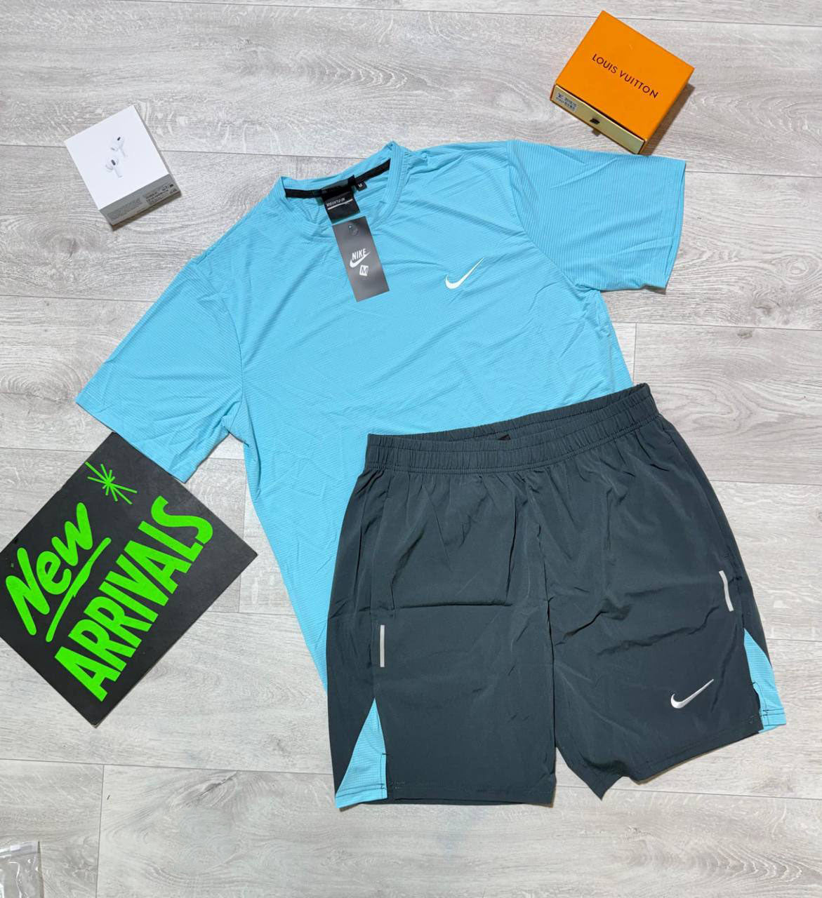 Nike Miler Running Top T-Shirt & Shorts Set in Light Blue/Grey Color Reps UK Best Quality Sale AAA Replica