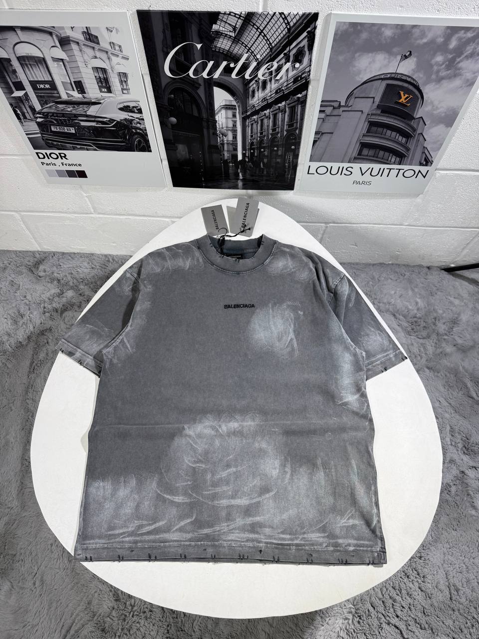 Balenciaga Distressed Paint-Effect Crewneck Men's Women's T-shirts in Grey Color Reps UK Best Quality AAA Replica