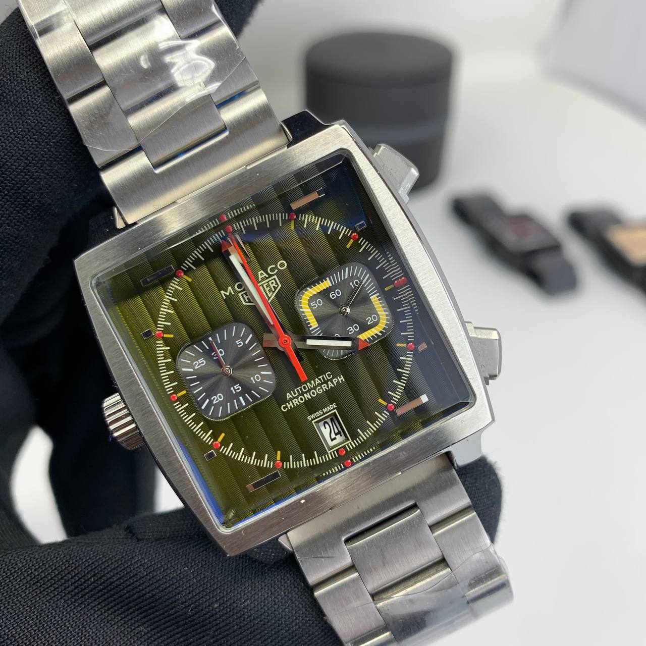 Tag Heuer Monaco Calibre 11 Olive Green Dial Silver Steel CAW211V Men's Watch Reps Sale UK Best Quality AAA Replica
