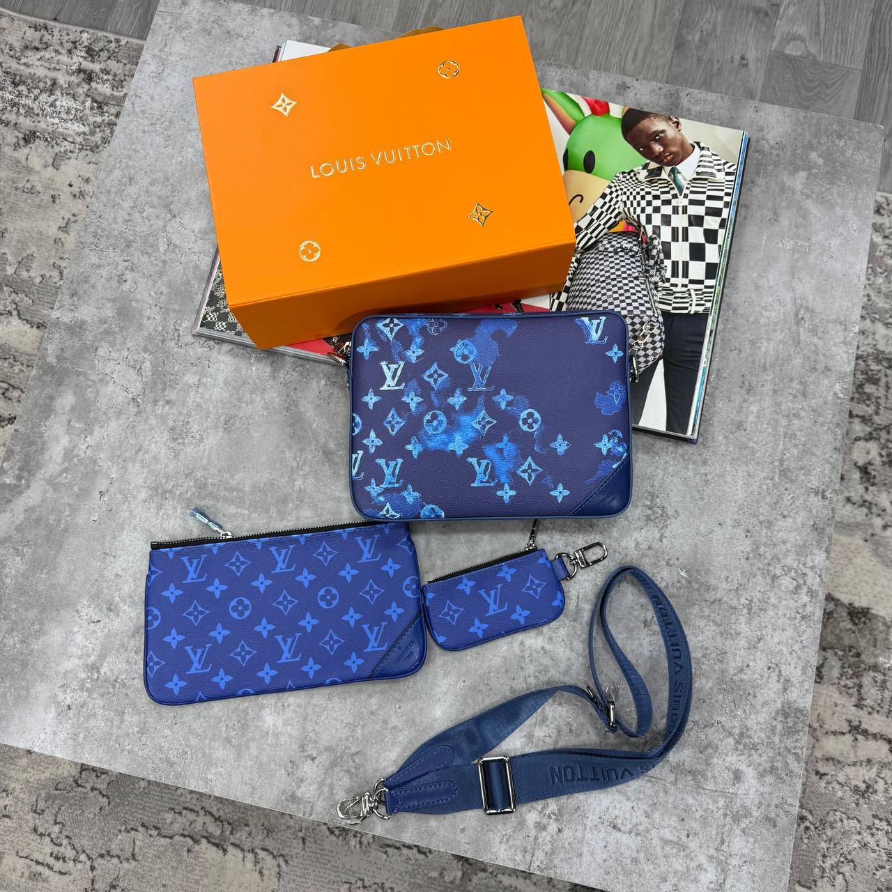 Louis Vuitton Monogram Ink Watercolor Trio Messenger Men's Bag Blue Reps UK Best Quality AAA Replica