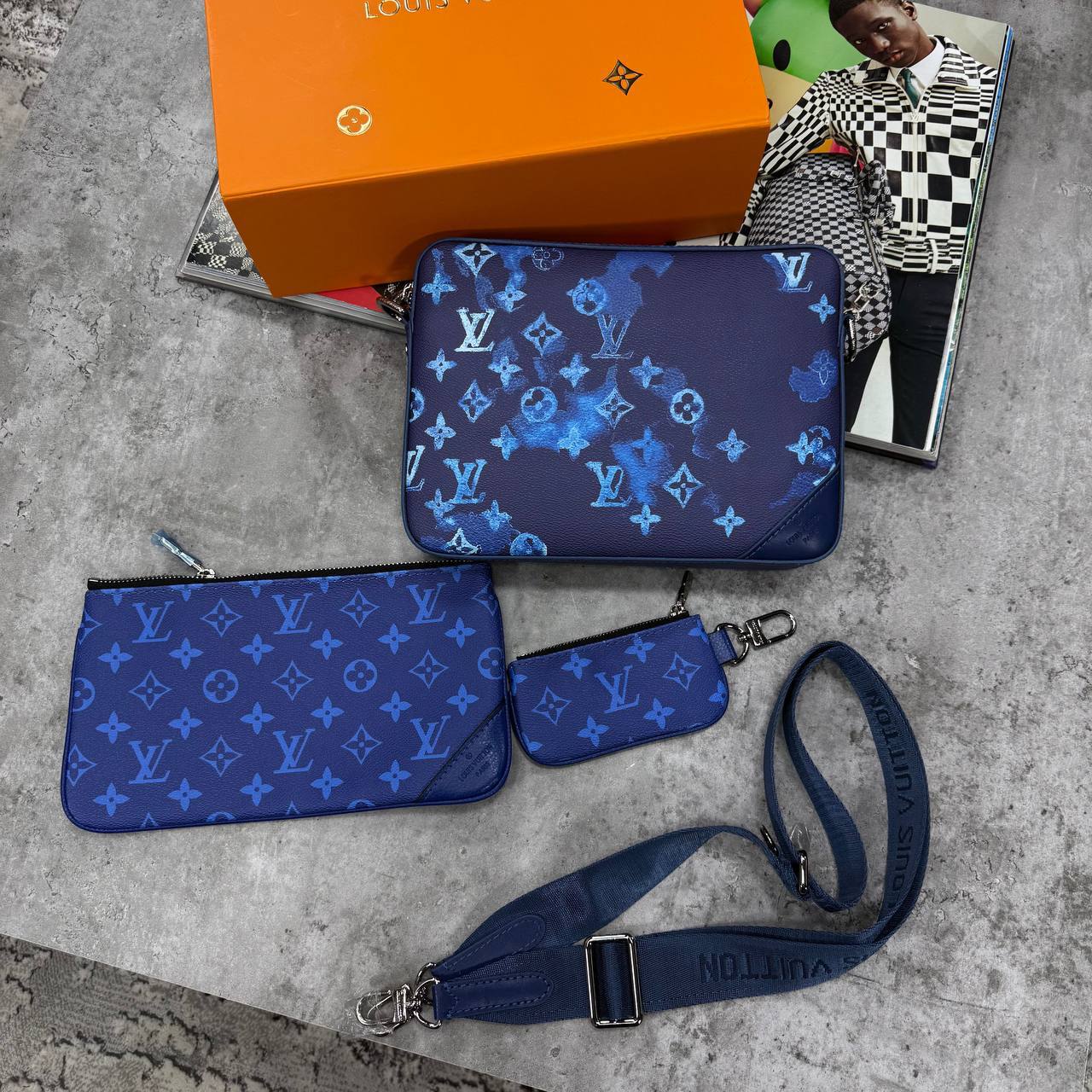 Louis Vuitton Monogram Ink Watercolor Trio Messenger Men's Bag Blue Reps UK Best Quality AAA Replica