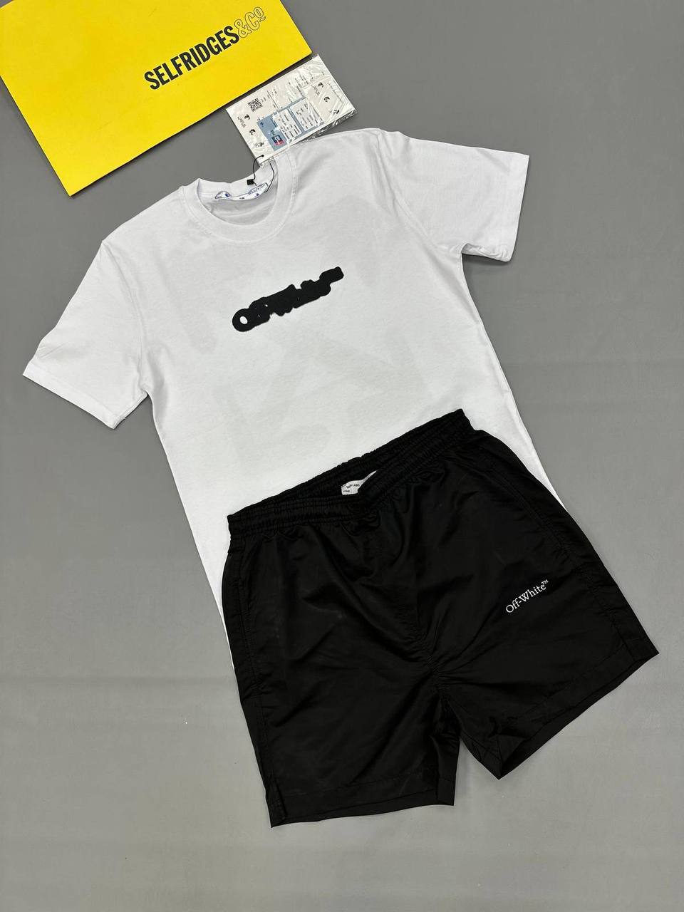Off-White Embroidered Logo Men's T-Shirts & Shorts Set Black/White Reps Sale UK Best Quality AAA Replica