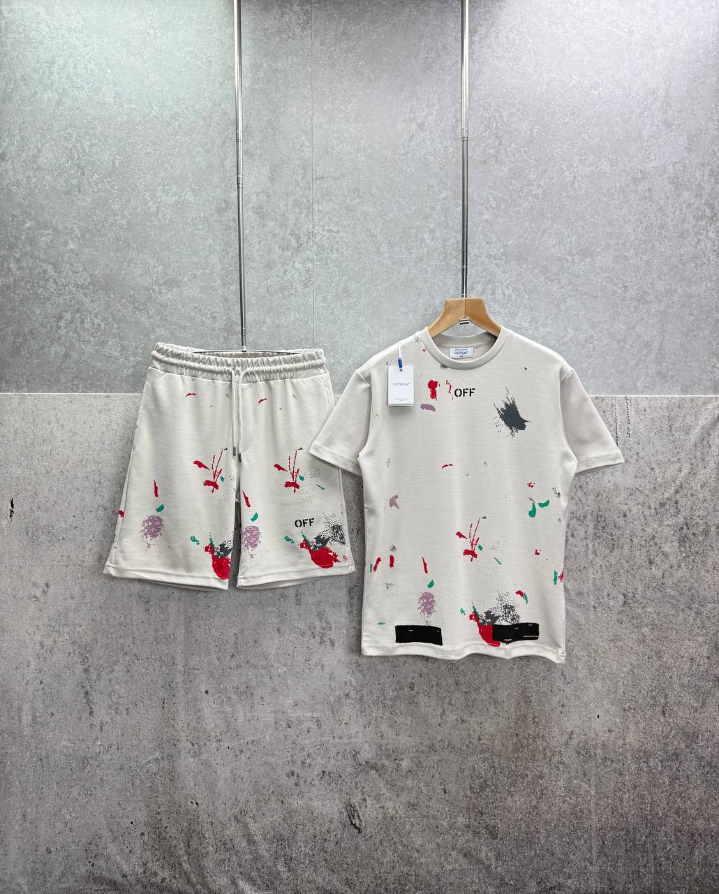 Off White Distressed Paint Splatter Men's T-Shirts & Shorts Set in 2 Colors Reps Sale UK Best Quality Sale AAA Replica