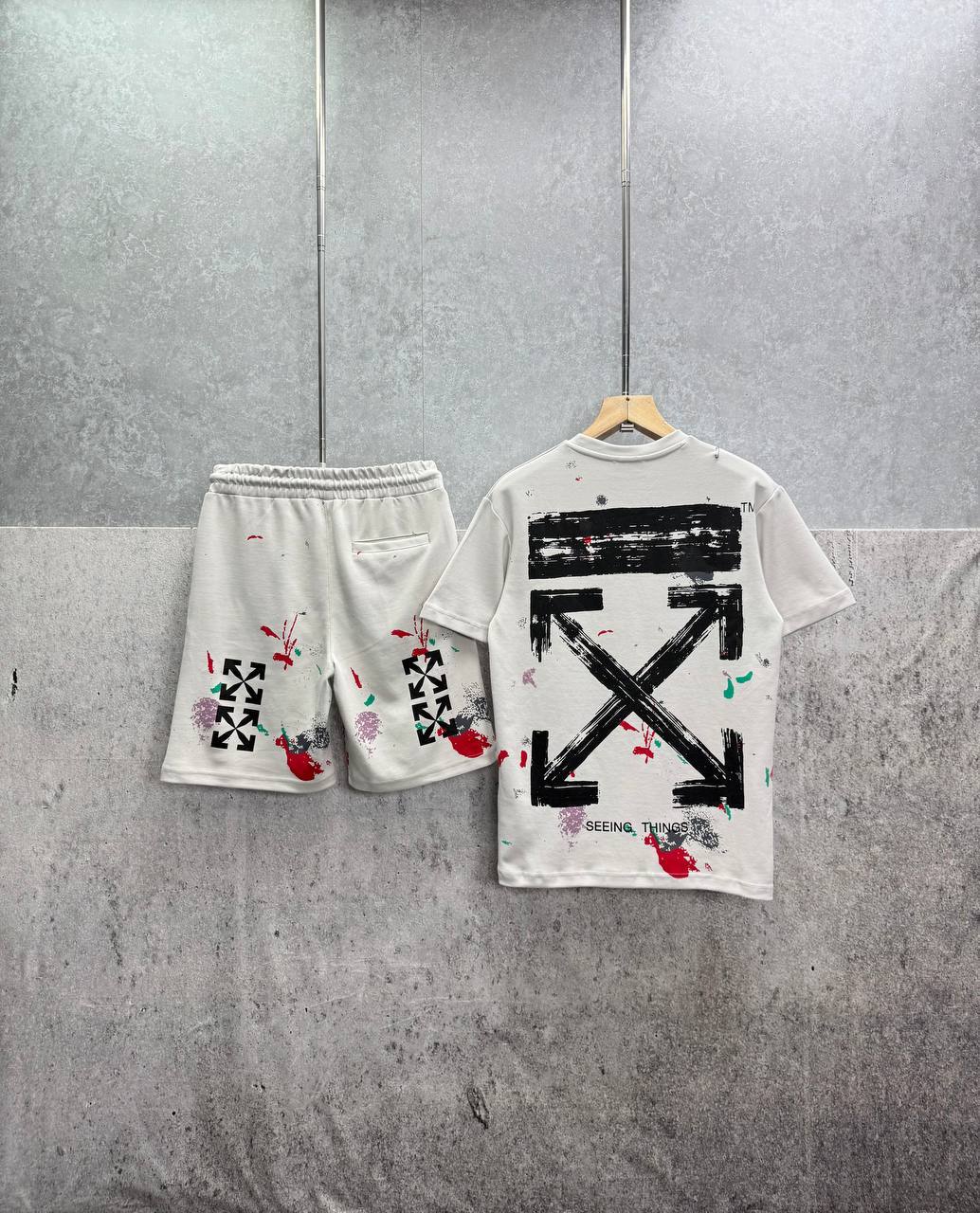 Off White Distressed Paint Splatter Men's T-Shirts & Shorts Set in 2 Colors Reps Sale UK Best Quality Sale AAA Replica