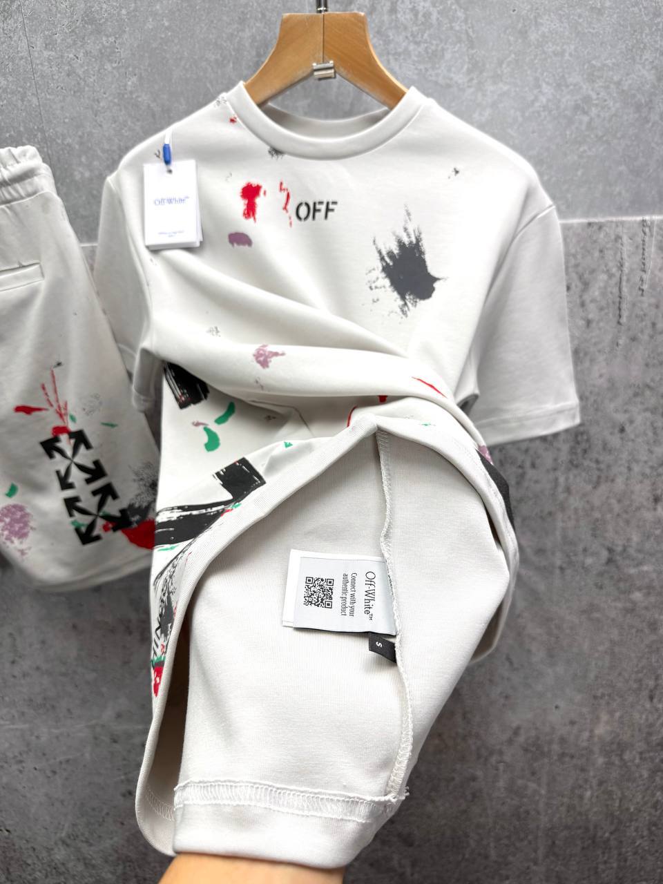 Off White Distressed Paint Splatter Men's T-Shirts & Shorts Set in 2 Colors Reps Sale UK Best Quality Sale AAA Replica