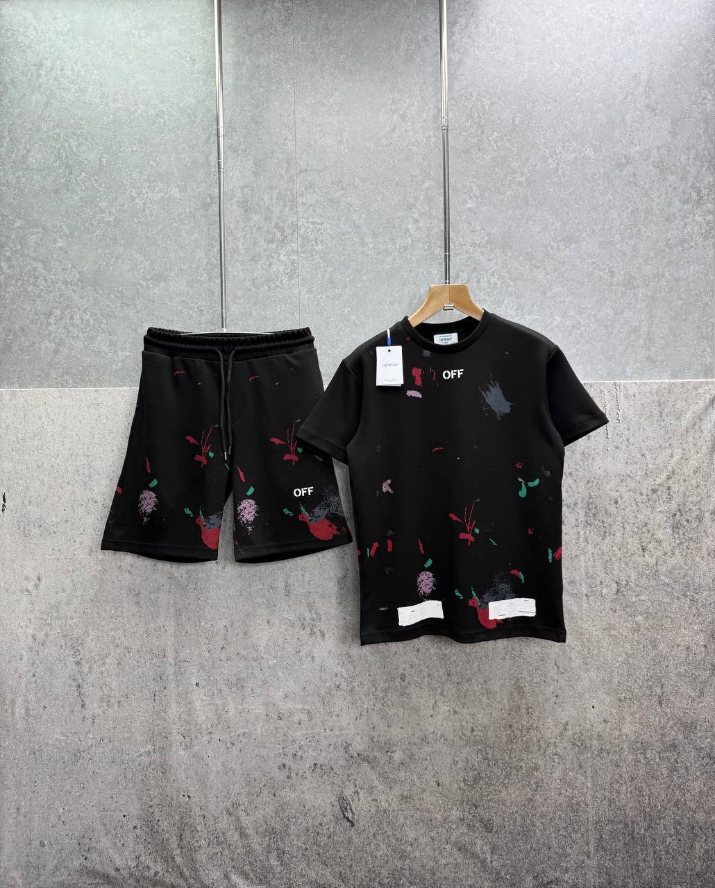 Off White Distressed Paint Splatter Men's T-Shirts & Shorts Set in 2 Colors Reps Sale UK Best Quality Sale AAA Replica