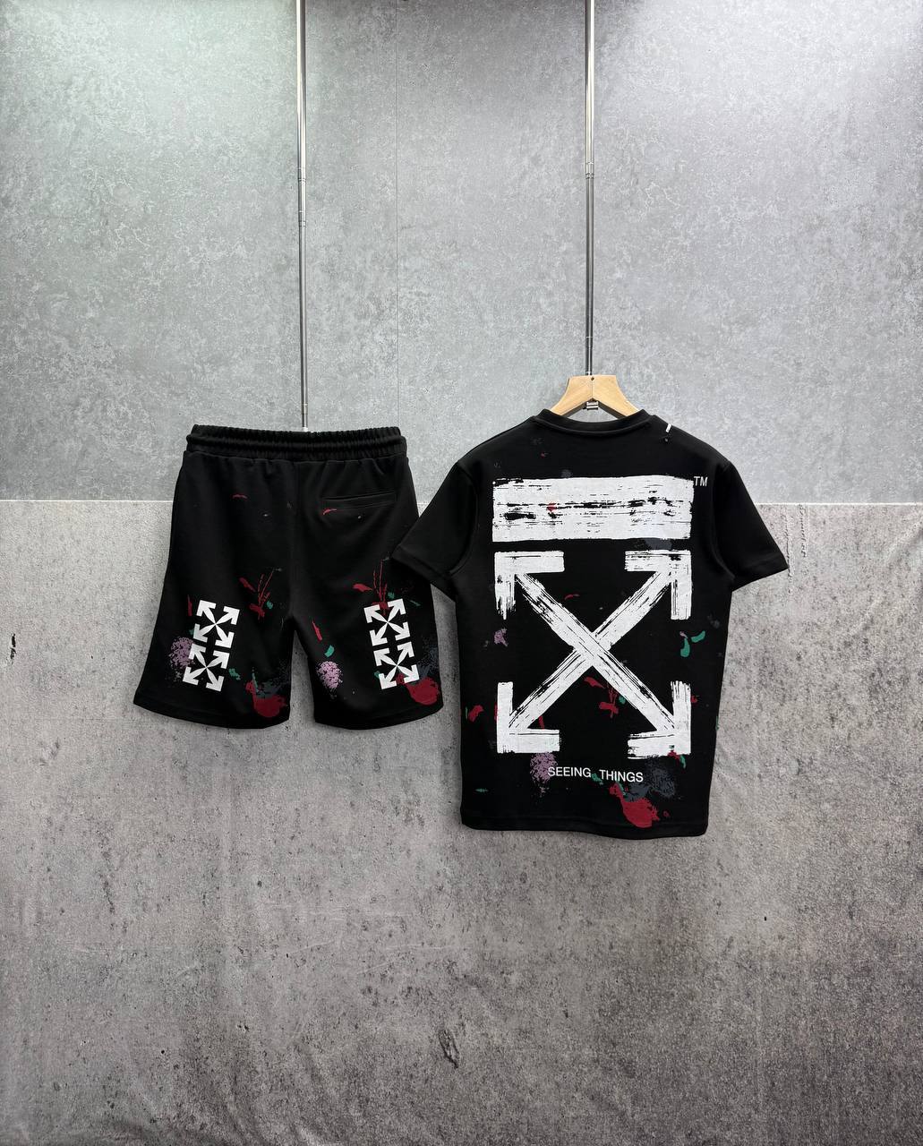 Off White Distressed Paint Splatter Men's T-Shirts & Shorts Set in 2 Colors Reps Sale UK Best Quality Sale AAA Replica