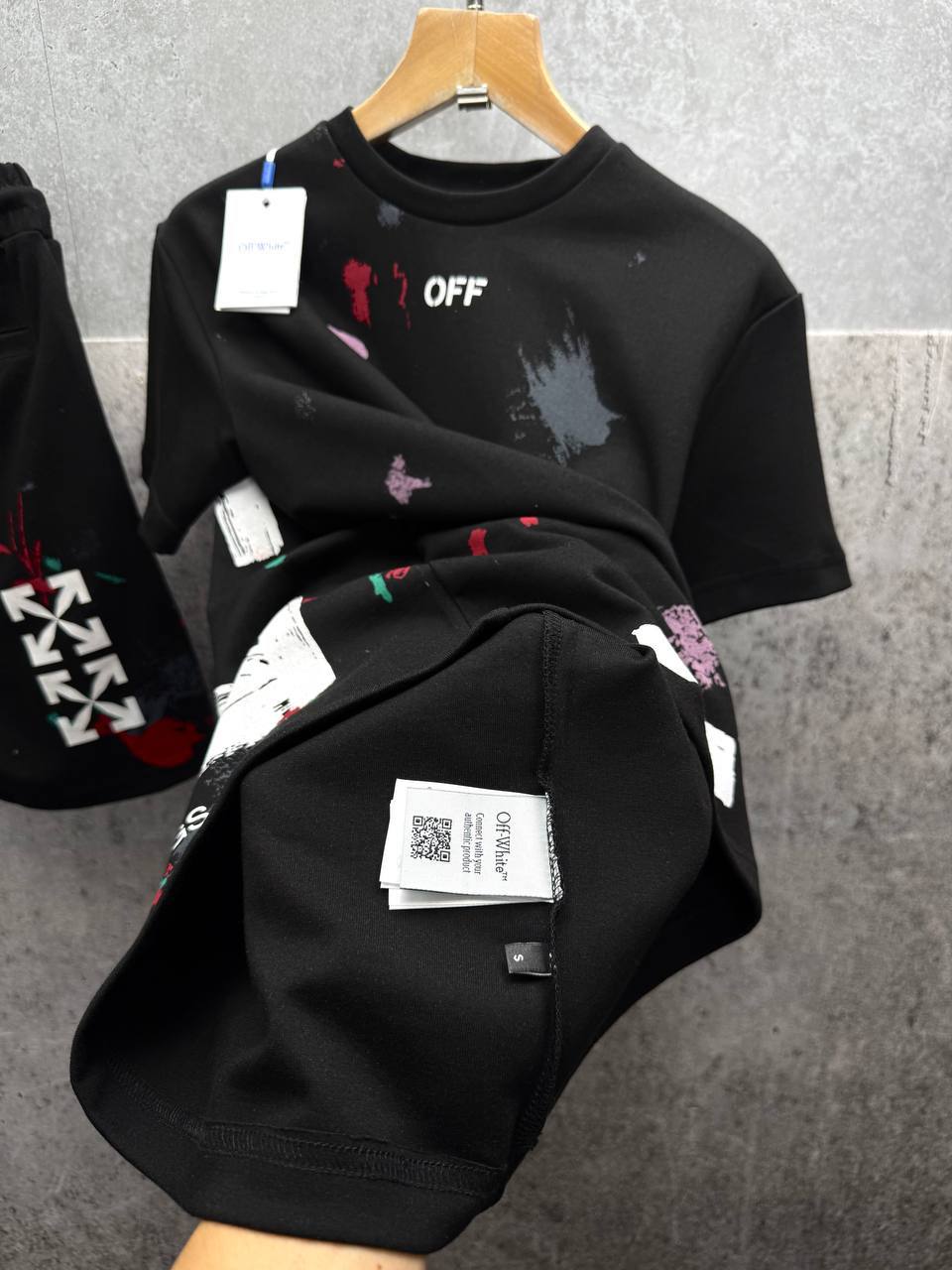 Off White Distressed Paint Splatter Men's T-Shirts & Shorts Set in 2 Colors Reps Sale UK Best Quality Sale AAA Replica