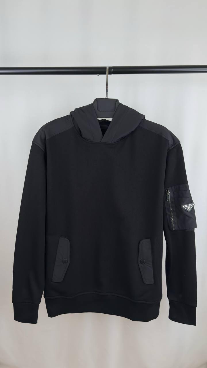 Prada Cotton Fleece and Re-Nylon Hoodie Men's Women's Hoodie in Black Color Reps Sale UK Best Quality AAA Replica