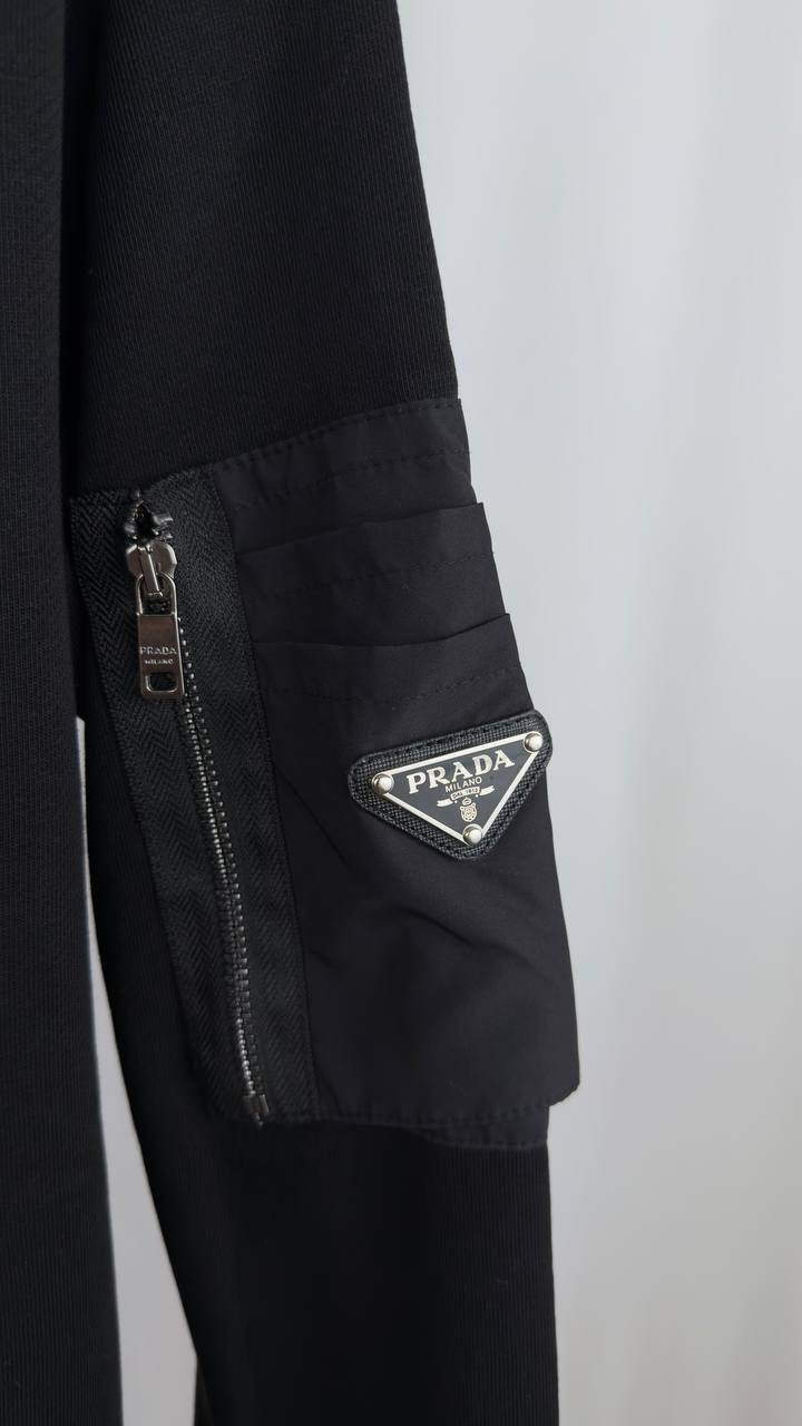 Prada Cotton Fleece and Re-Nylon Hoodie Men's Women's Hoodie in Black Color Reps Sale UK Best Quality AAA Replica