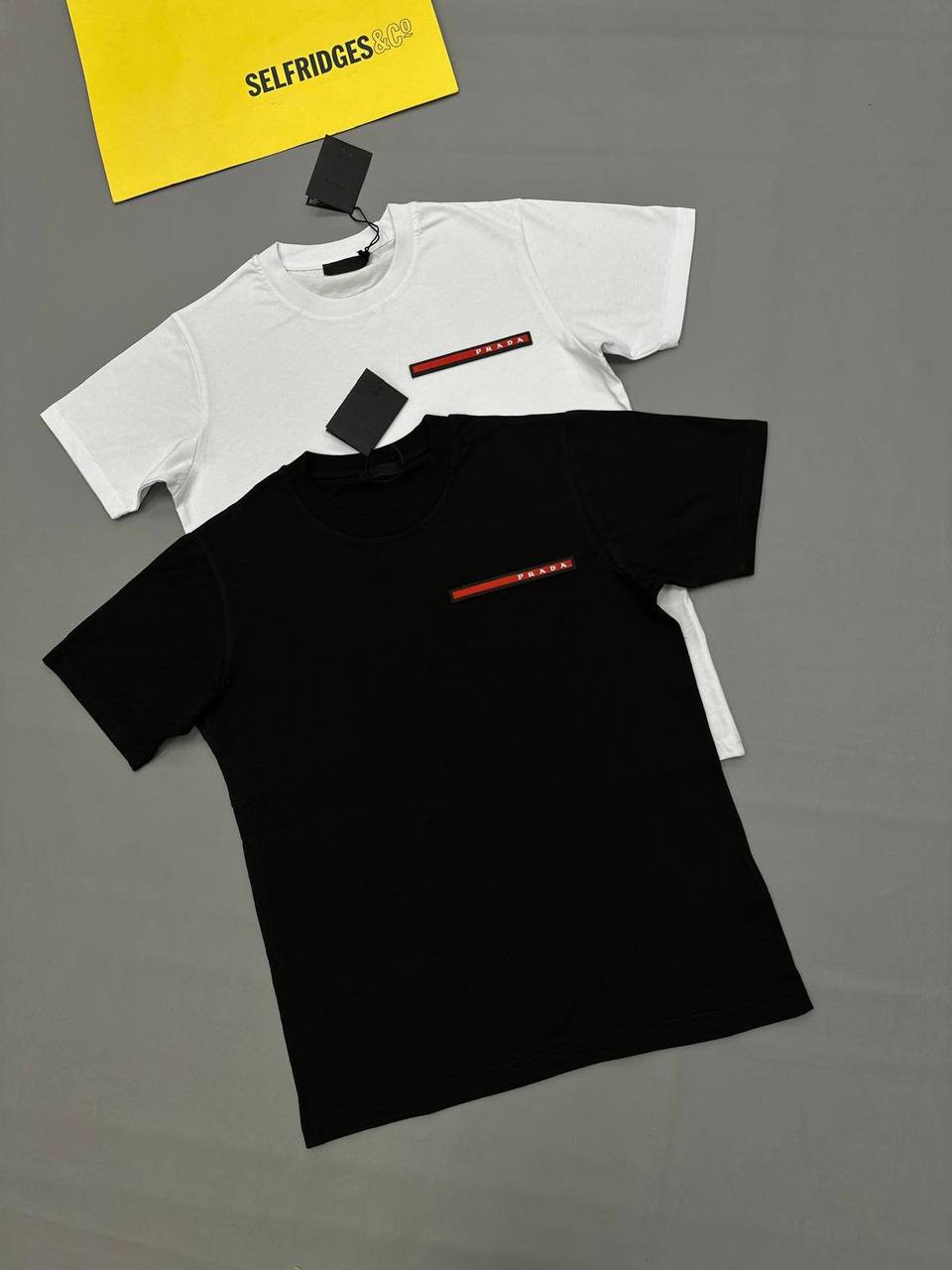 Prada Red Stripe Logo T-Shirts Men's Women's in 2 Colors Reps Sale UK Best Quality AAA Replica