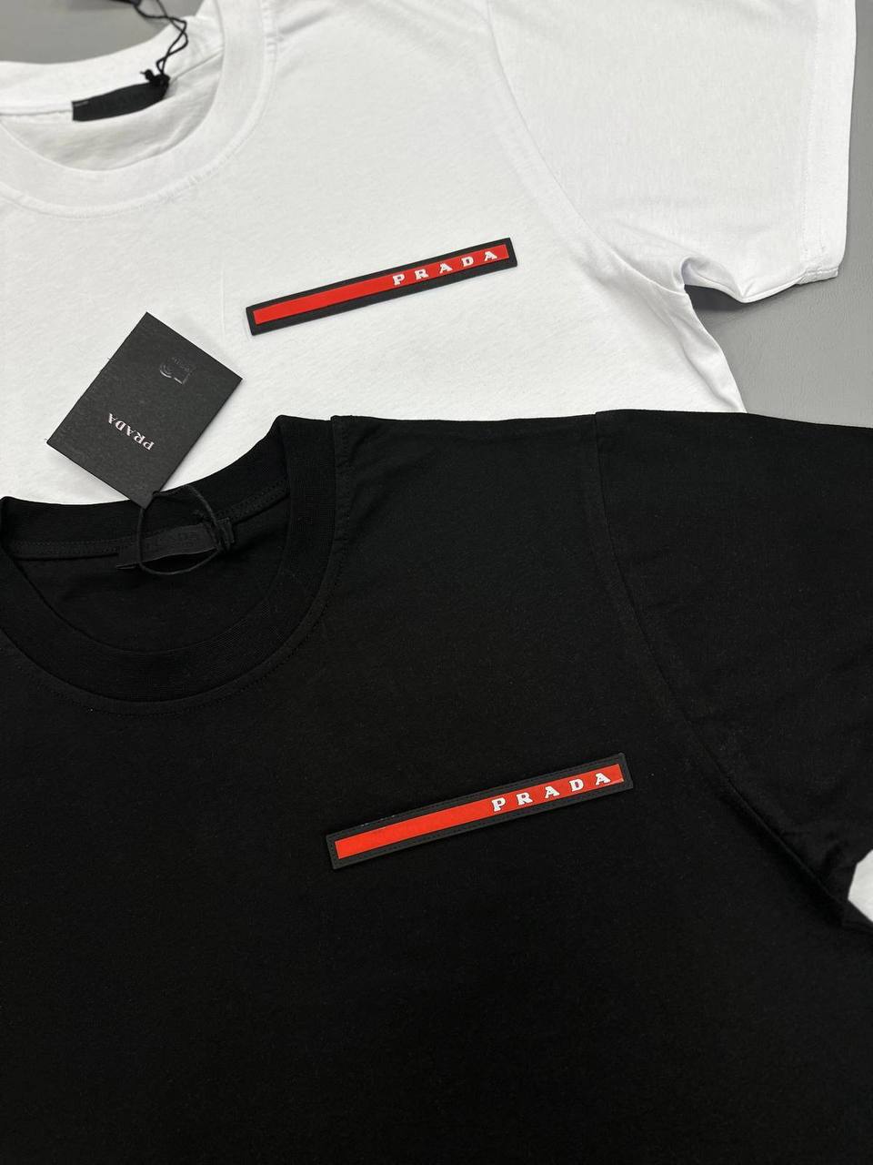 Prada Red Stripe Logo T-Shirts Men's Women's in 2 Colors Reps Sale UK Best Quality AAA Replica
