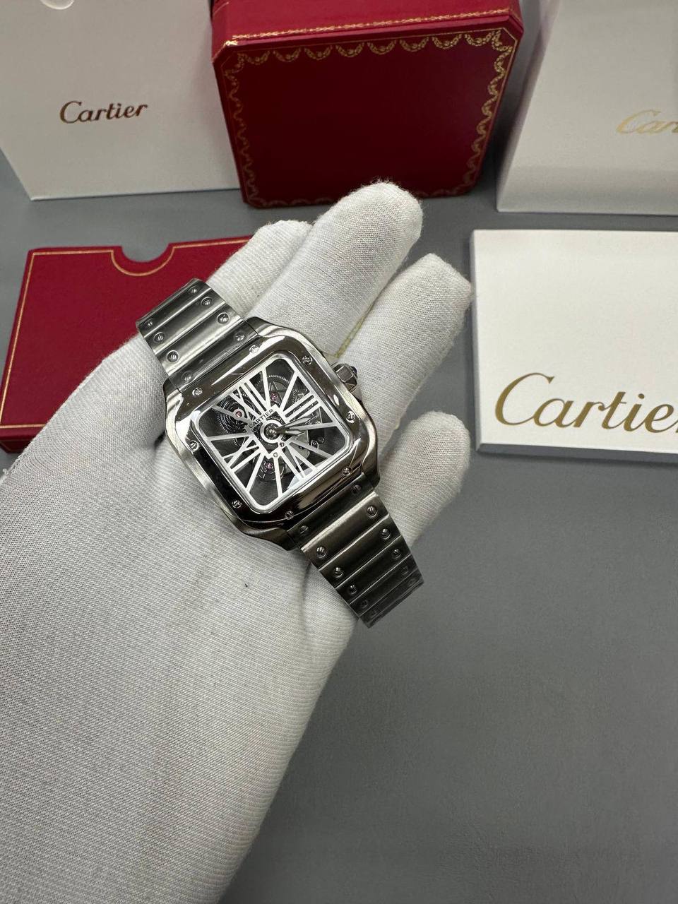 Cartier Santos Steel Silver Skeleton Dial Watch Men's Reps Sale UK Best Quality AAA Replica