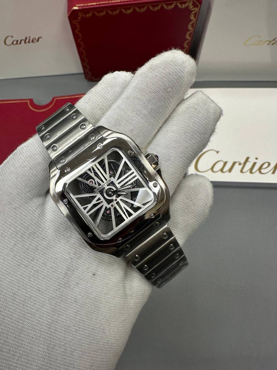 Cartier Santos Steel Silver Skeleton Dial Watch Men's Reps Sale UK Best Quality AAA Replica