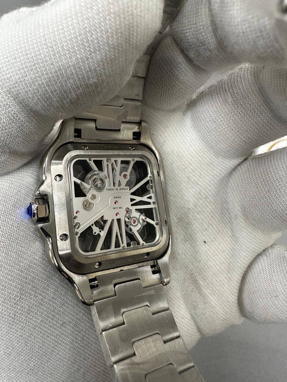 Cartier Santos Steel Silver Skeleton Dial Watch Men's Reps Sale UK Best Quality AAA Replica