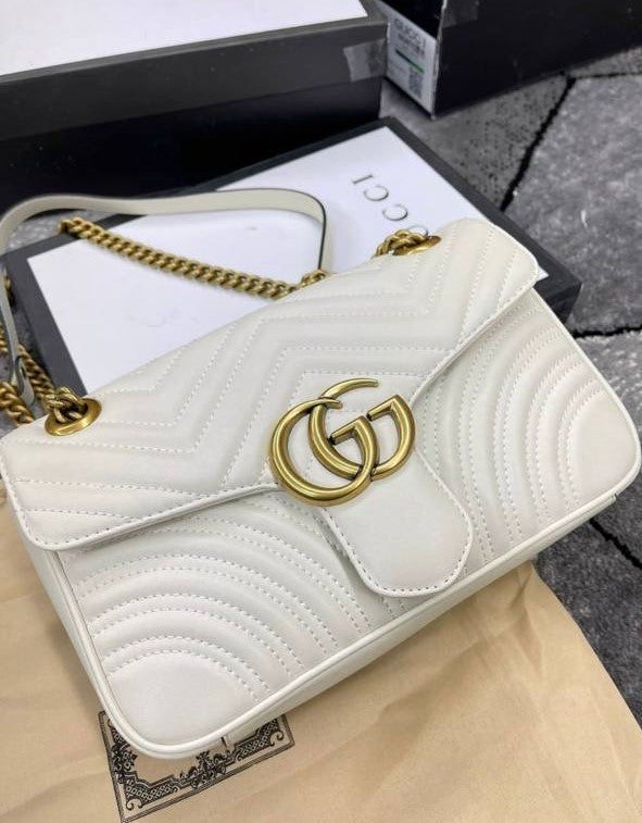 Gucci GG Marmont Women's Shoulder Bag White Matelassé Chevron Leather with Gold-Toned Hardware Reps Best Quality AAA Replica