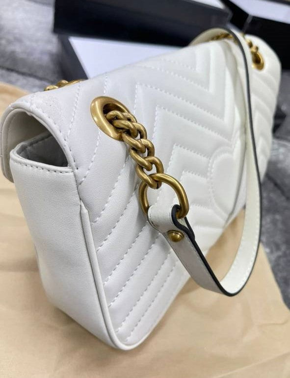 Gucci GG Marmont Women's Shoulder Bag White Matelassé Chevron Leather with Gold-Toned Hardware Reps Best Quality AAA Replica