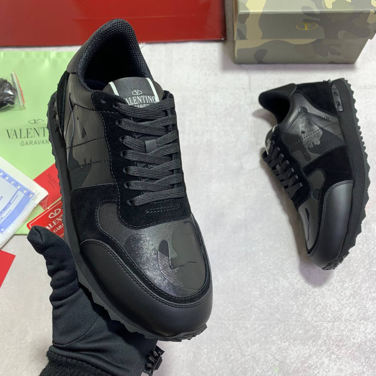 Valentino Garavani Rockrunner Black Camouflage Noir Metallic Sneakers Men's Reps UK Best Quality AAA Replica