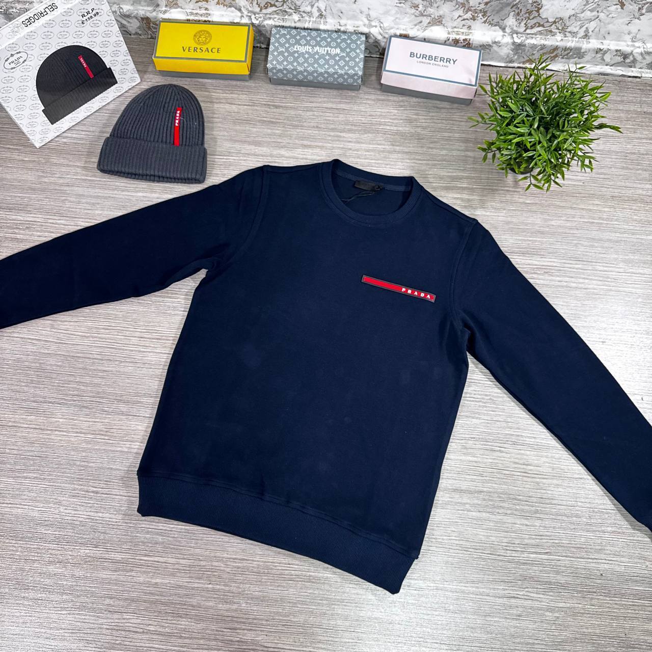 Prada Red and White Logo Patch on the Chest Crewneck Men's Women's Jumpers in Different Colors Reps UK Best Quality AAA Replica