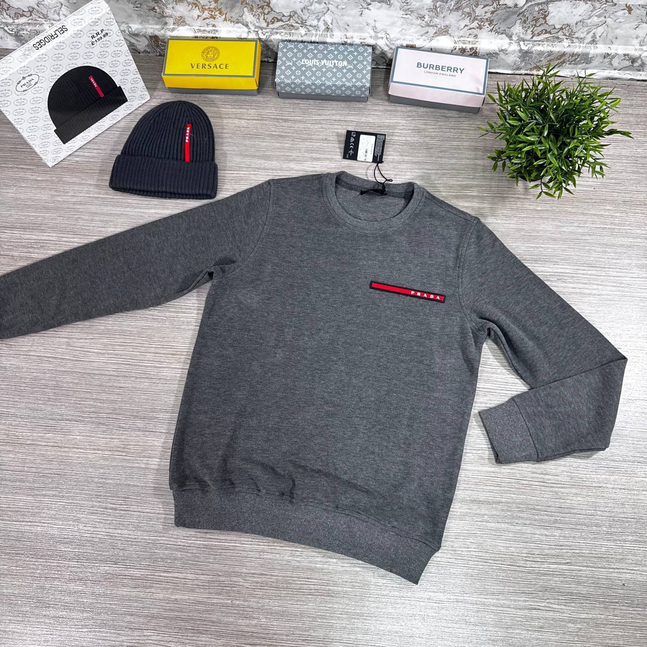 Prada Red and White Logo Patch on the Chest Crewneck Men's Women's Jumpers in Different Colors Reps UK Best Quality AAA Replica
