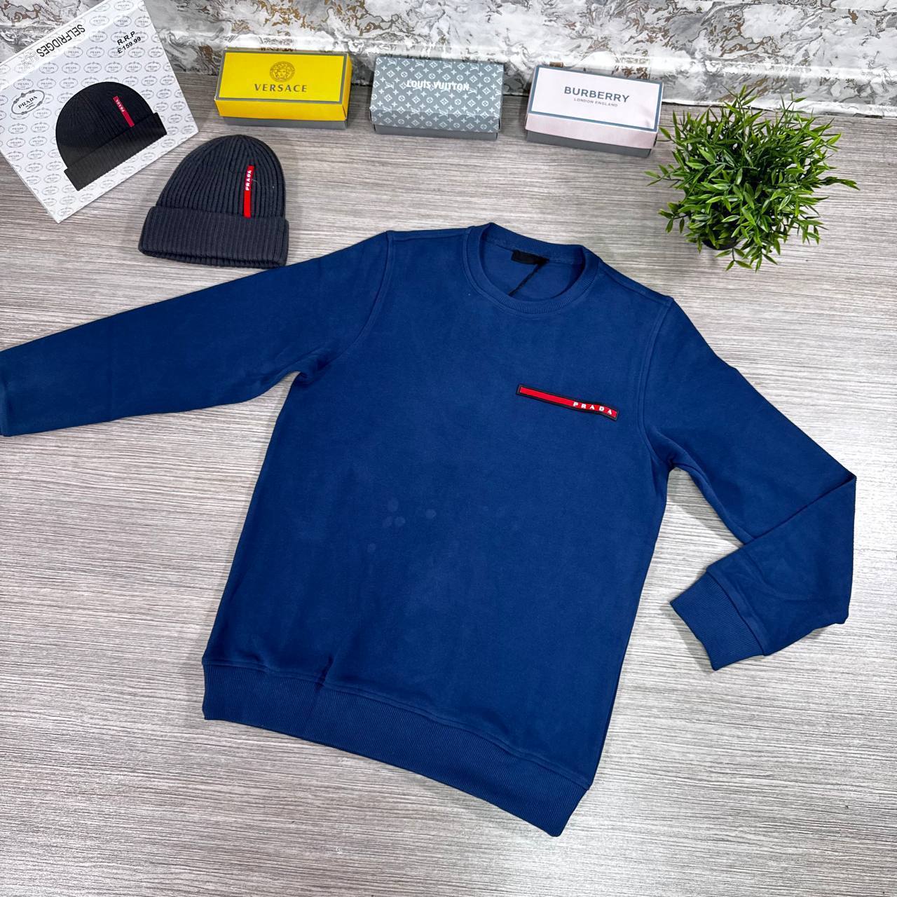 Prada Red and White Logo Patch on the Chest Crewneck Men's Women's Jumpers in Different Colors Reps UK Best Quality AAA Replica