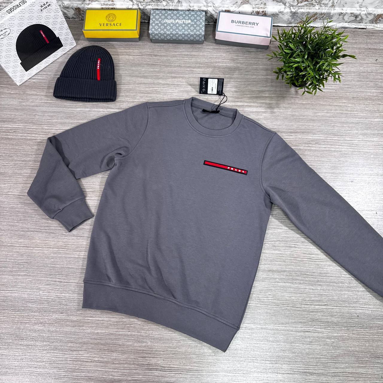 Prada Red and White Logo Patch on the Chest Crewneck Men's Women's Jumpers in Different Colors Reps UK Best Quality AAA Replica