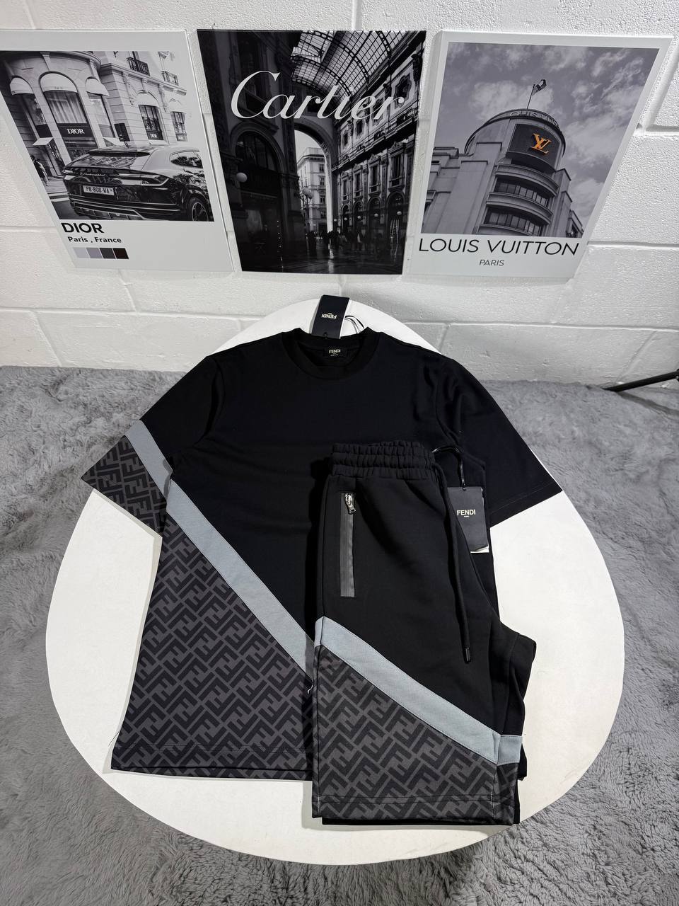 Fendi Men's Diagonal FF Jacquard Lounge Set in Black & Grey Colors Reps UK Best Quality Sale AAA Replica