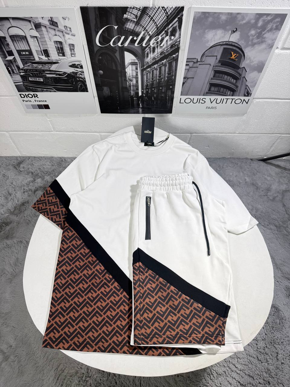 Fendi Men's Diagonal FF Jacquard Lounge Set in White & Tobacco Reps UK Best Quality Sale AAA Replica