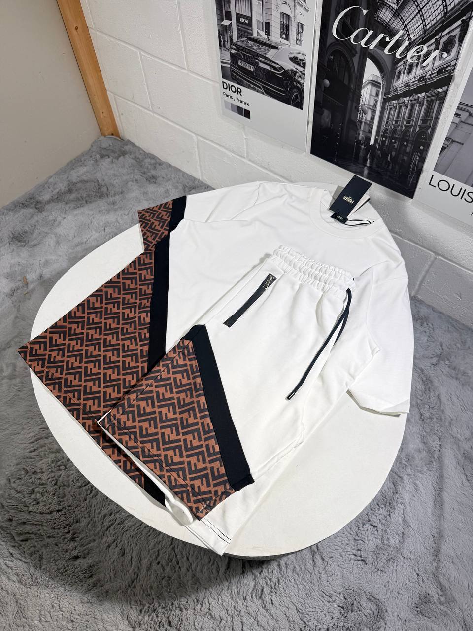 Fendi Men's Diagonal FF Jacquard Lounge Set in White & Tobacco Reps UK Best Quality Sale AAA Replica